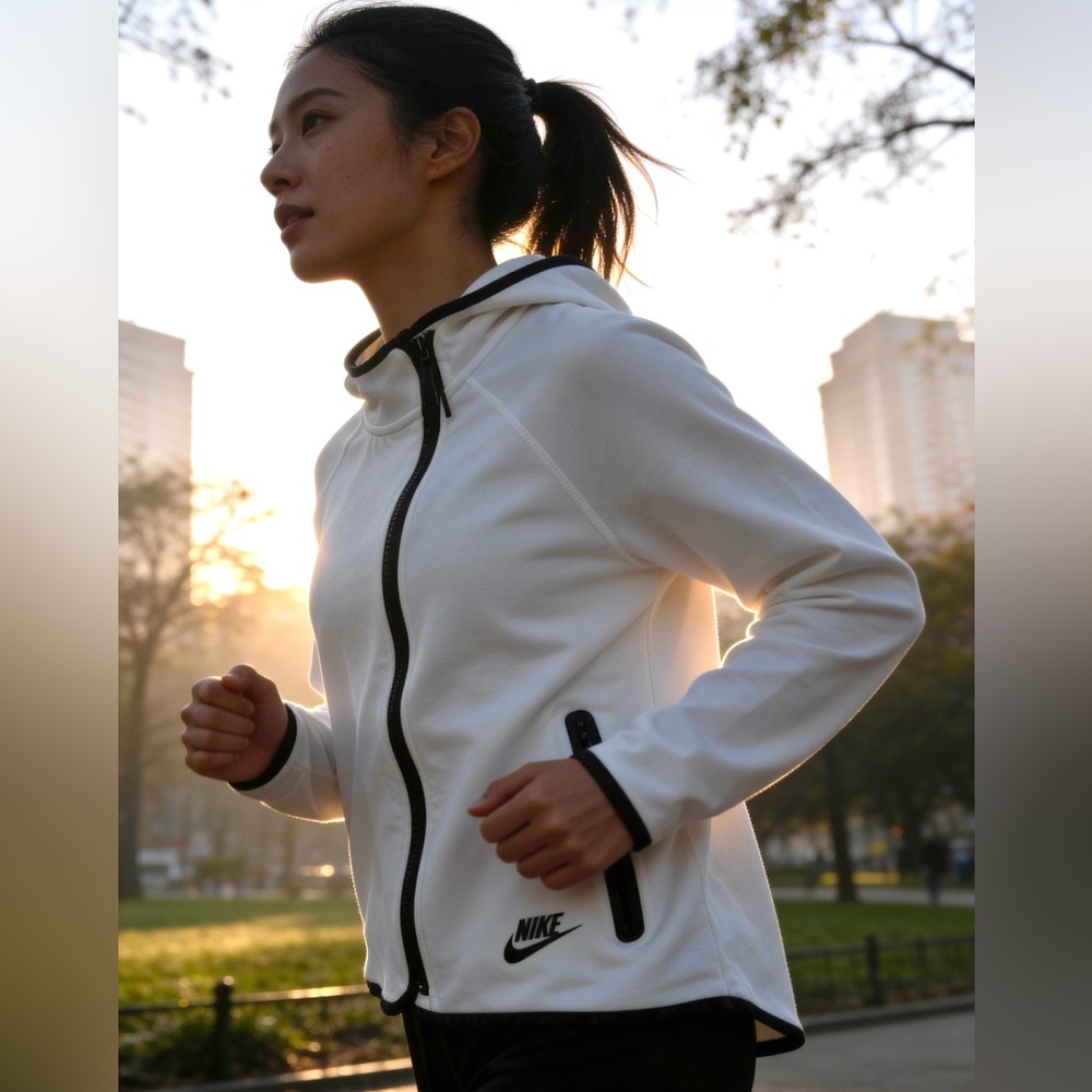 Nike Zip Up Hoodie White Black Running Performance Asymmetric Hem Oversized